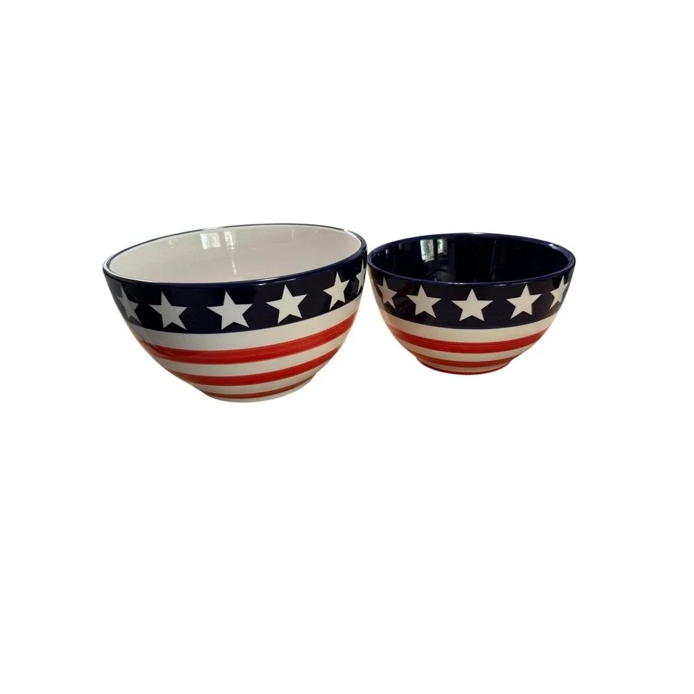 Coventry American Pride Patriotic Stars and Stripes Ceramic Nesting Bowls Set 2